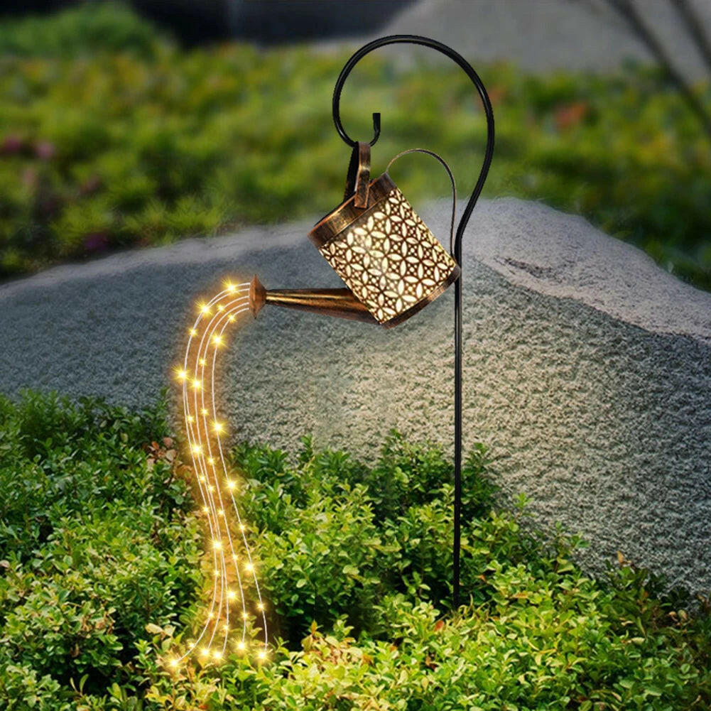 Hollow Wrought Star Shower Lamp Solar Watering Can Fairy Light Garden Decoration Shower& Light Lawn Courtyard Decorations