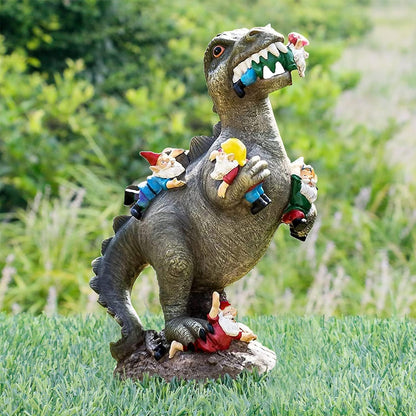 Dinosaur Eating Gnomes Garden Decor, Art for Garden Decor, Outdoor Statue for Patio, Lawn, Yard Art Decoration, Housewarming Garden Gift