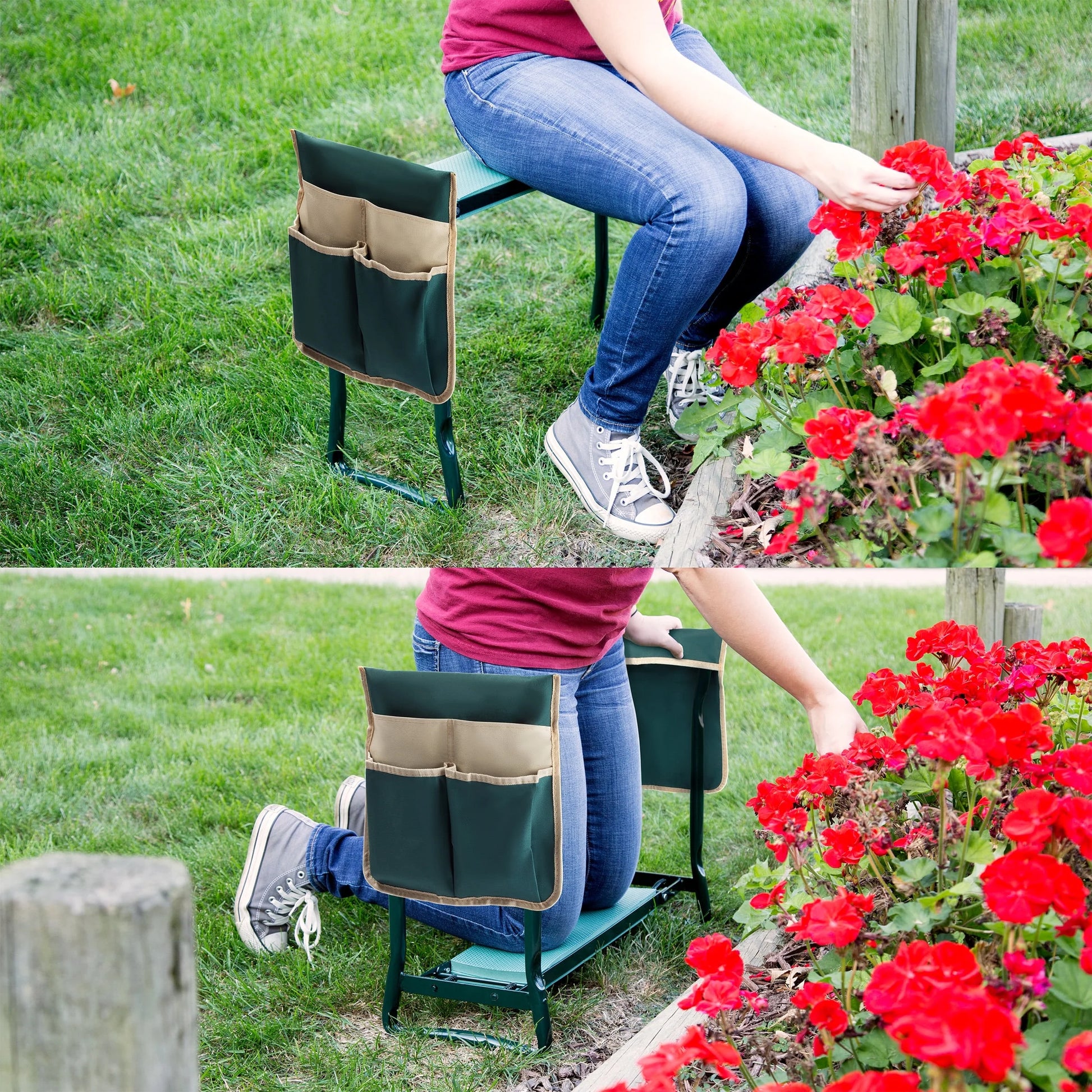 Foldable Garden Kneeler and Stool with Tool Pouches (Green)