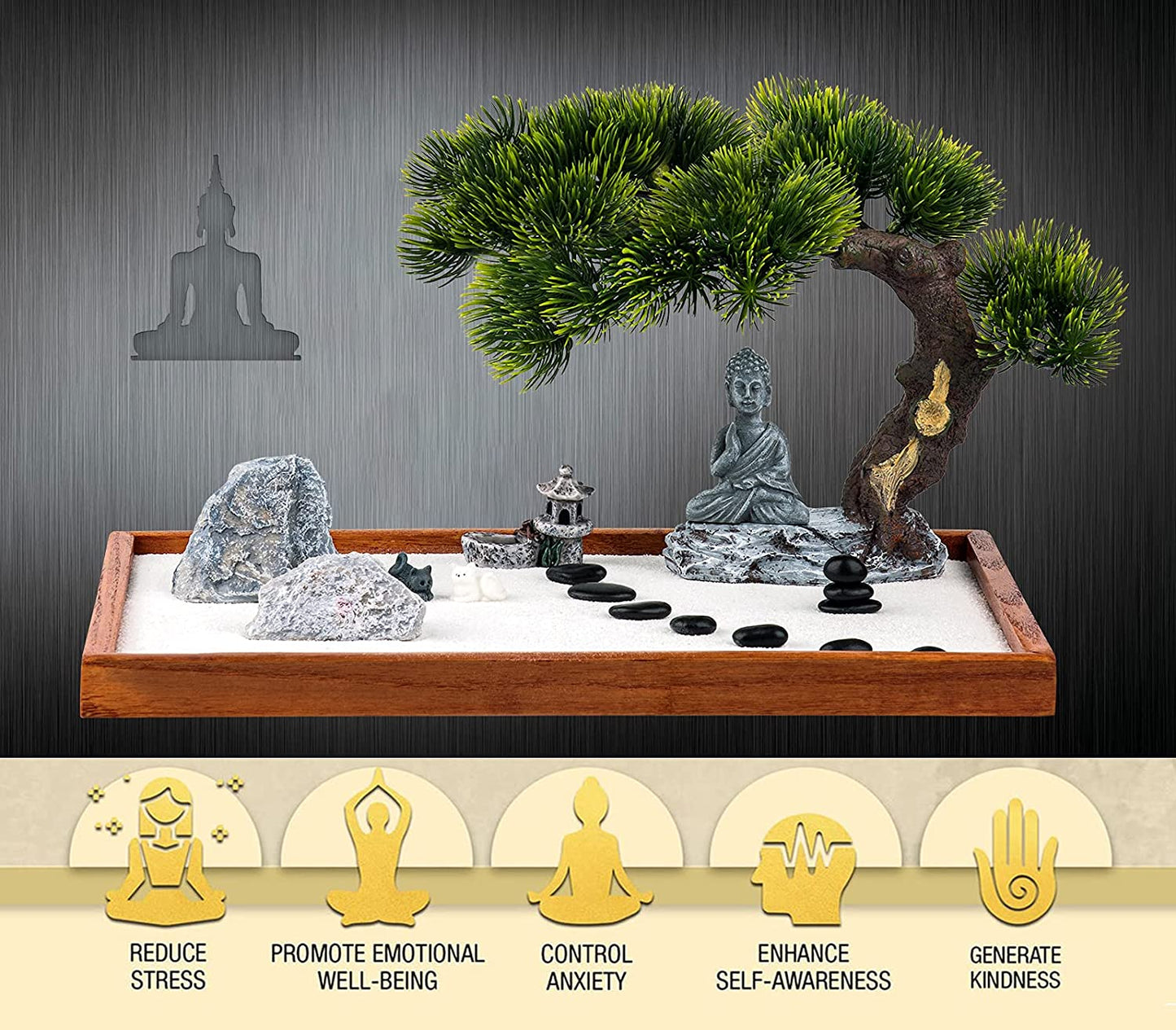 Zen Garden Kit - Mini Jardin Zen Garden for Desk with Buddha Shape Accessories, 14 X 10 Inch