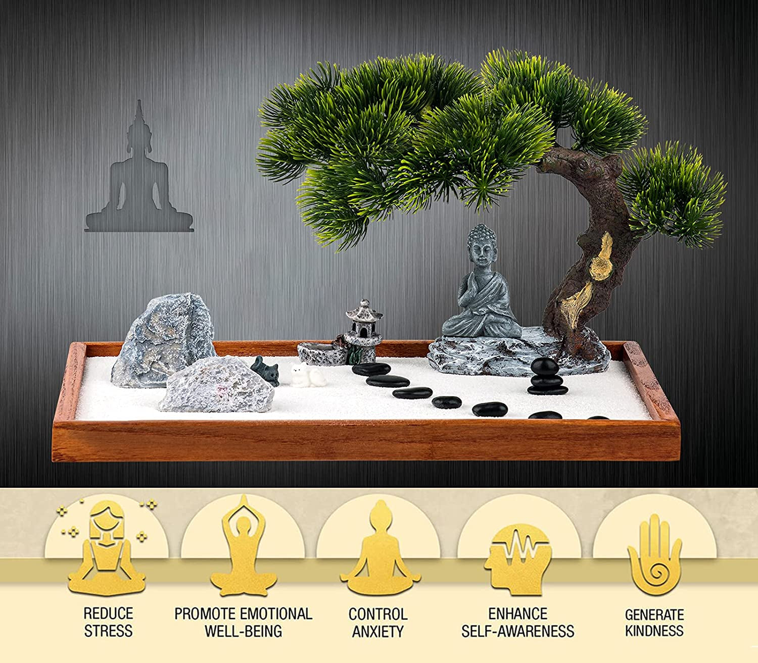 Zen Garden Kit - Mini Jardin Zen Garden for Desk with Buddha Shape Accessories, 14 X 10 Inch