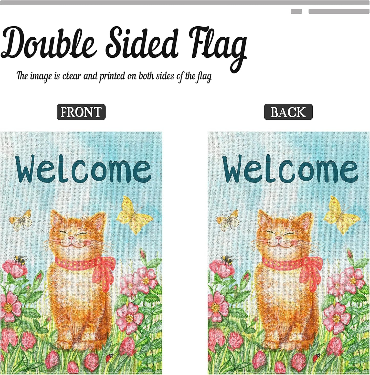 Cat Garden Flag Welcome 12 X 18",Flower Butterfly Garden Flags,Double-Sided Printing Imitation Linen Vertical Small Cute Yard Flag for Patio Backyard Home Decor Outdoor.