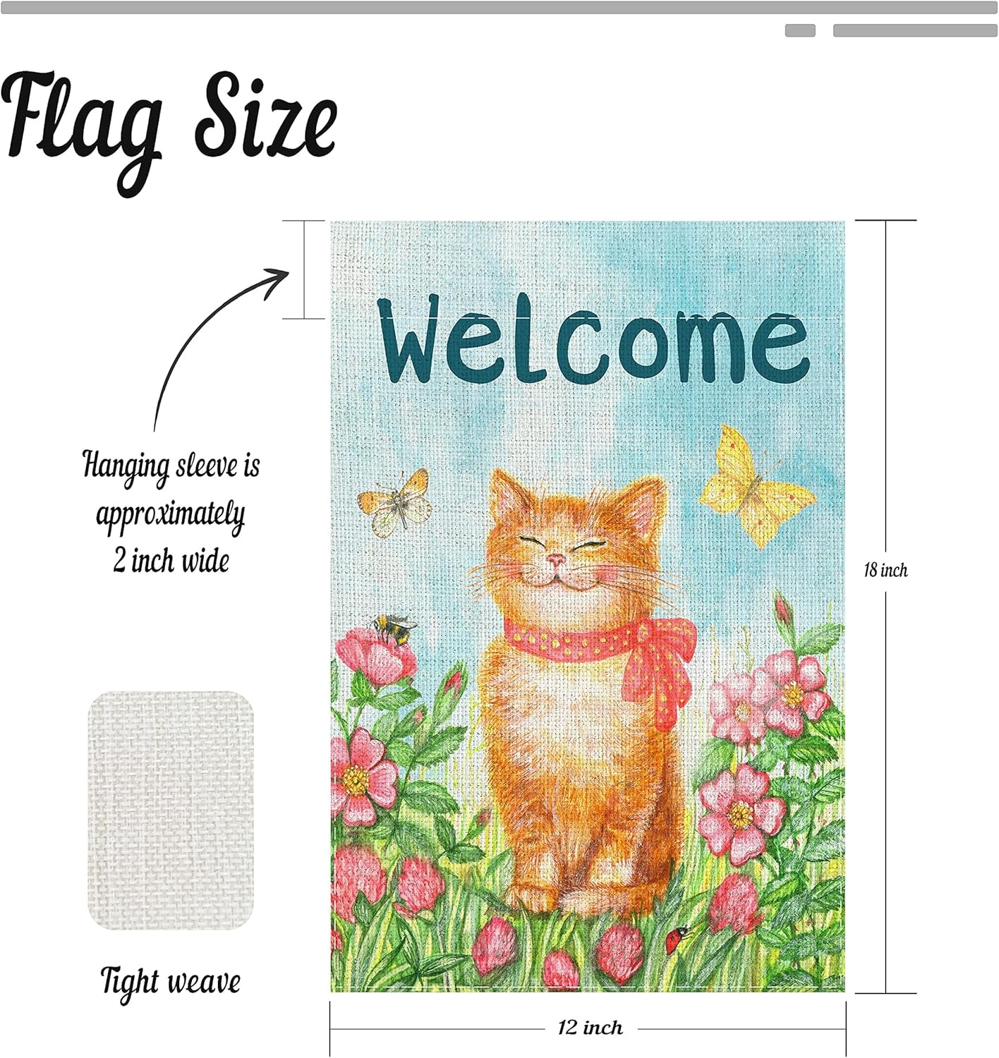 Cat Garden Flag Welcome 12 X 18",Flower Butterfly Garden Flags,Double-Sided Printing Imitation Linen Vertical Small Cute Yard Flag for Patio Backyard Home Decor Outdoor.