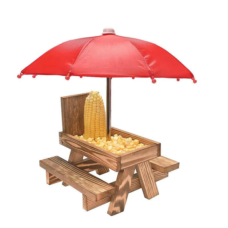 Wooden Squirrel Feeder Bird Squirrel Feeder Creative Pet Dining Table with Bench Hanging Feeding Table Mini Umbrella Ornament