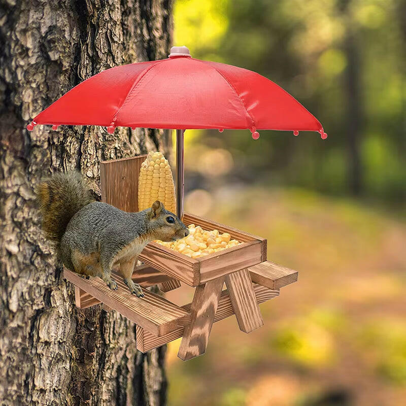 Wooden Squirrel Feeder Bird Squirrel Feeder Creative Pet Dining Table with Bench Hanging Feeding Table Mini Umbrella Ornament