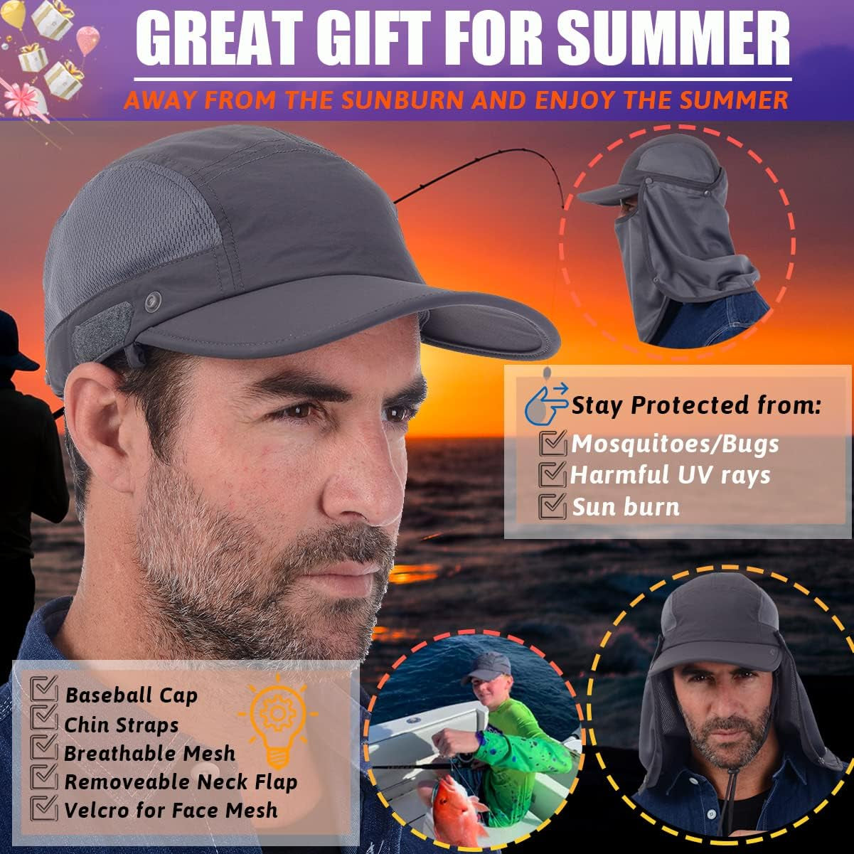 Sun Cap Fishing Hat Baseball Cap with Face Neck Cover Flap