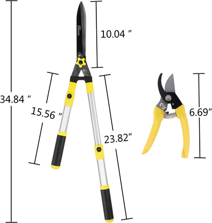 Hedge Shears 23"-34" Extension Gardening Shears with 9Inch Wavy SK-5 Blade,Blade Pressure Adjustable Hedge Clippers Shock-Absorbing Tree Trimmer (Yellow)