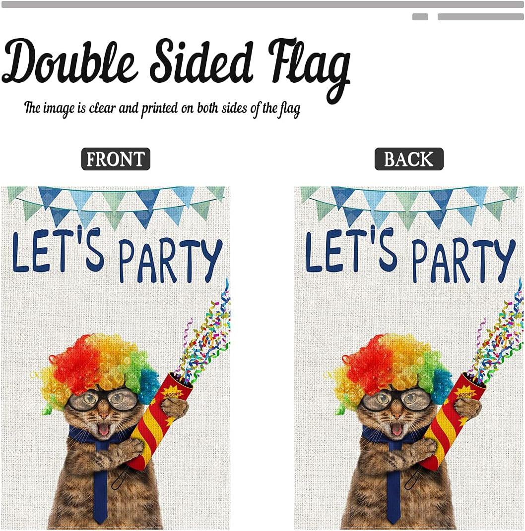 Let'S Party Cat Garden Flag,Double-Sided Printing Imitation Linen Vertical Small Patry Celebrate Garden Flag for Indoor Outdoor Holiday Party Decor,12 X 18".