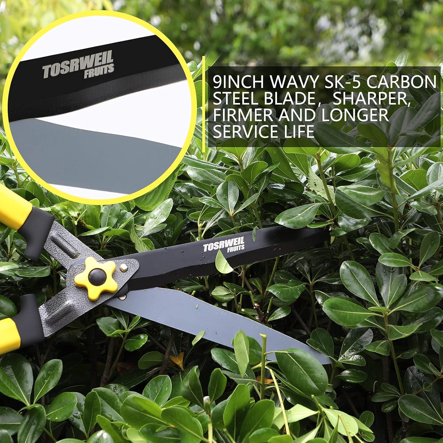 Hedge Shears 23"-34" Extension Gardening Shears with 9Inch Wavy SK-5 Blade,Blade Pressure Adjustable Hedge Clippers Shock-Absorbing Tree Trimmer (Yellow)