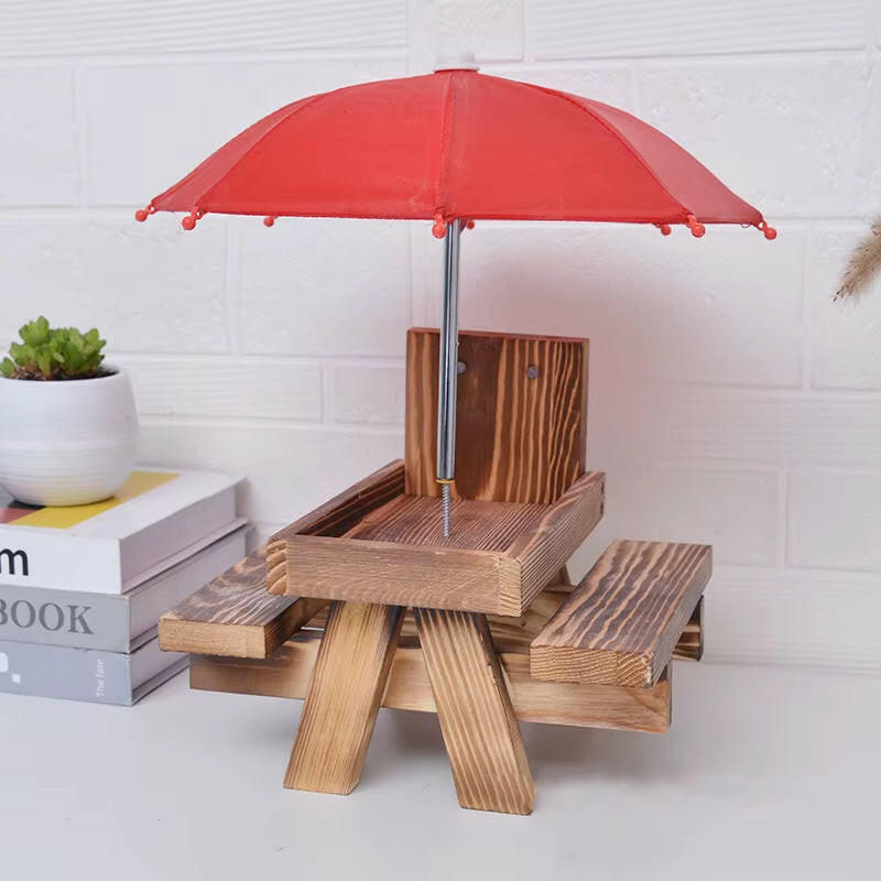 Wooden Squirrel Feeder Bird Squirrel Feeder Creative Pet Dining Table with Bench Hanging Feeding Table Mini Umbrella Ornament