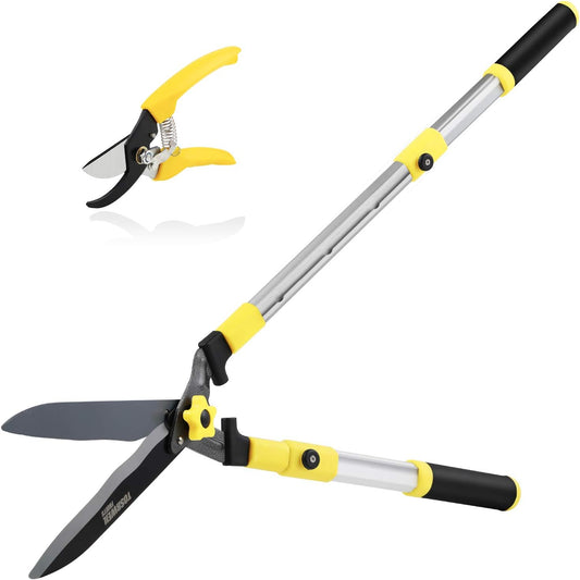 Hedge Shears 23"-34" Extension Gardening Shears with 9Inch Wavy SK-5 Blade,Blade Pressure Adjustable Hedge Clippers Shock-Absorbing Tree Trimmer (Yellow)