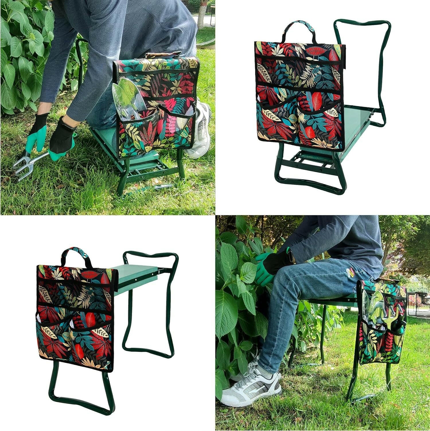 Garden Kneeler and Seat Upgraded Foldable Garden Bench Stool Garden Kneeling Pad Garden Tool Set, Large Printed Tool Bags, 1 Pair of Garden Gloves