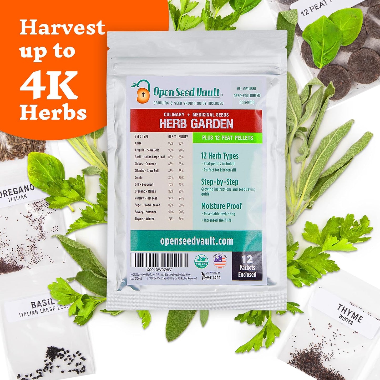 4,000 Non GMO Heirloom Vegetable Seeds for Planting Vegetables and Fruits - 12 Variety Pack of Herb Seeds for Planting Outdoors - Gardening Supplies, Survival Gear, Prepper Kits