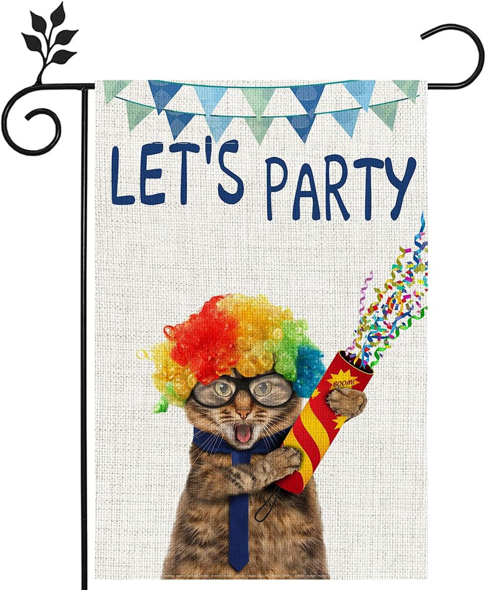 Let'S Party Cat Garden Flag,Double-Sided Printing Imitation Linen Vertical Small Patry Celebrate Garden Flag for Indoor Outdoor Holiday Party Decor,12 X 18".