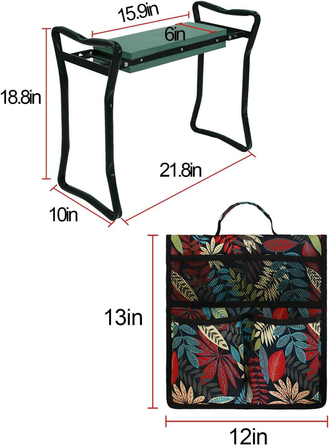 Garden Kneeler and Seat Upgraded Foldable Garden Bench Stool Garden Kneeling Pad Garden Tool Set, Large Printed Tool Bags, 1 Pair of Garden Gloves