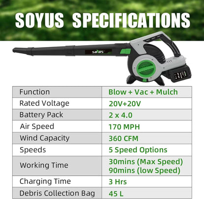 Leaf Blower&Vacuum SOYUS 3In1 Leaf Vacuum Mulcher 40V 360CFM 5 Speeds Brushless Battery Operated Leaf Blower for Lawn C