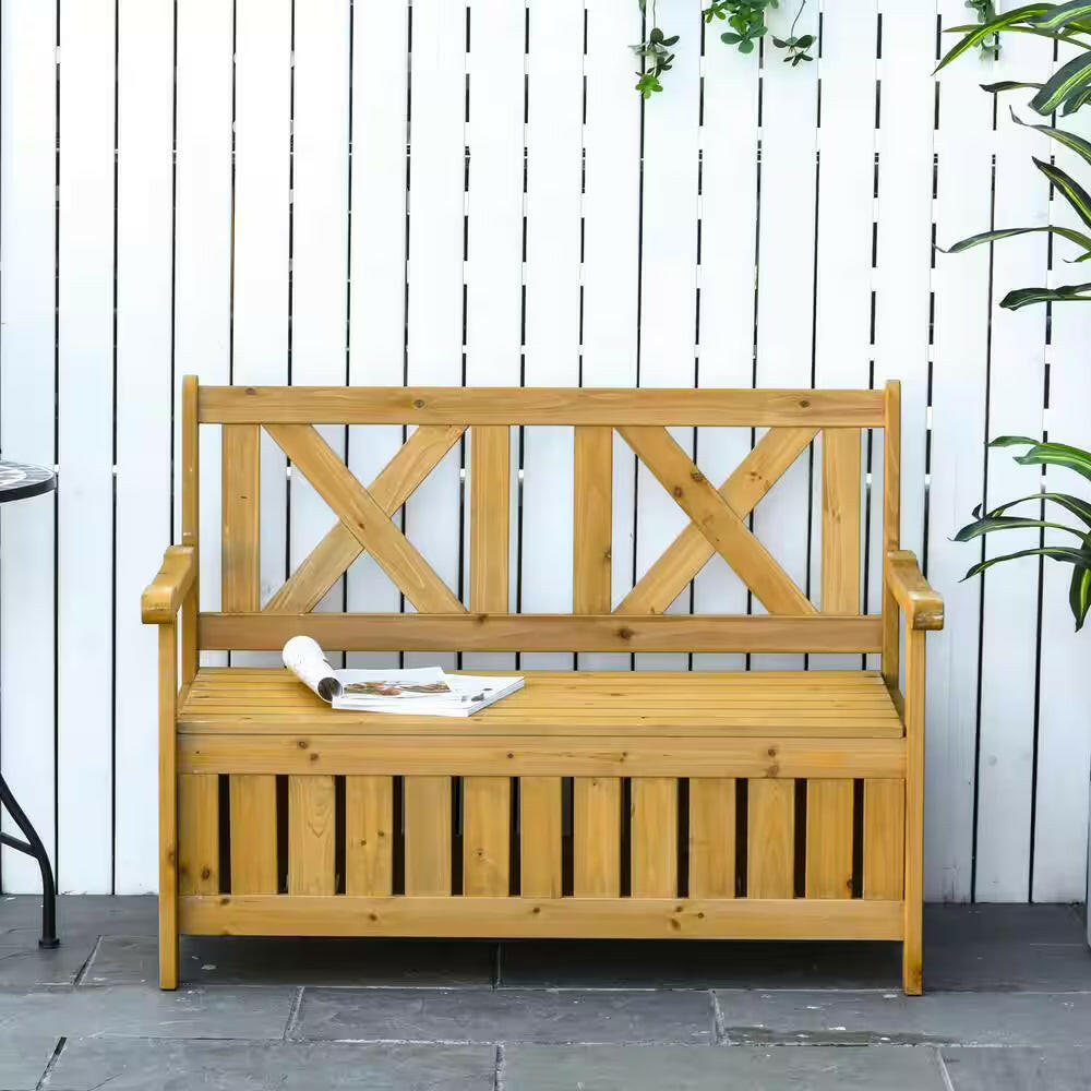 29 Gal. Yellow Fir Wood Outdoor Storage Bench with Waterproof Frame, Large Entryway Deck Box