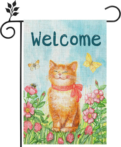 Cat Garden Flag Welcome 12 X 18",Flower Butterfly Garden Flags,Double-Sided Printing Imitation Linen Vertical Small Cute Yard Flag for Patio Backyard Home Decor Outdoor.