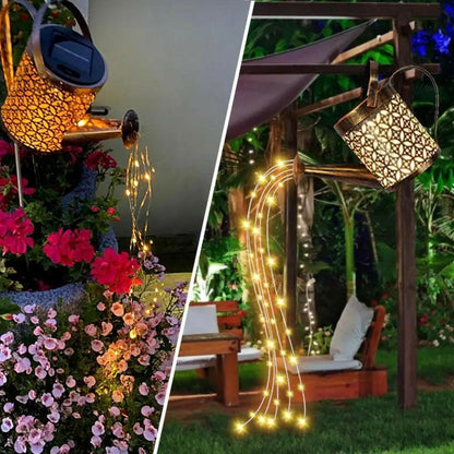 Hollow Wrought Star Shower Lamp Solar Watering Can Fairy Light Garden Decoration Shower& Light Lawn Courtyard Decorations