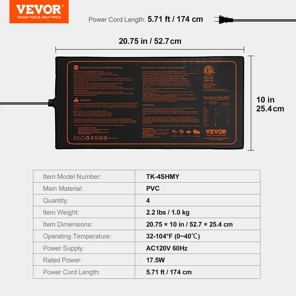 10 In. X 20.75 In. Seedling Mat Heat Mats Met-Certified Waterproof Heating Pad (4-Pack)