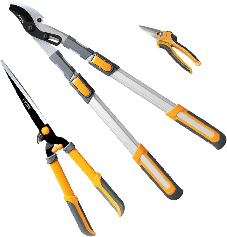 3Pcs Professional Hedge Lopper Set,27" Tree Loppers,24'' Heavy Duty Hedge Shears and 7.5'' Cut Easy Hand Pruners,The Best Choice for Garden Tools.