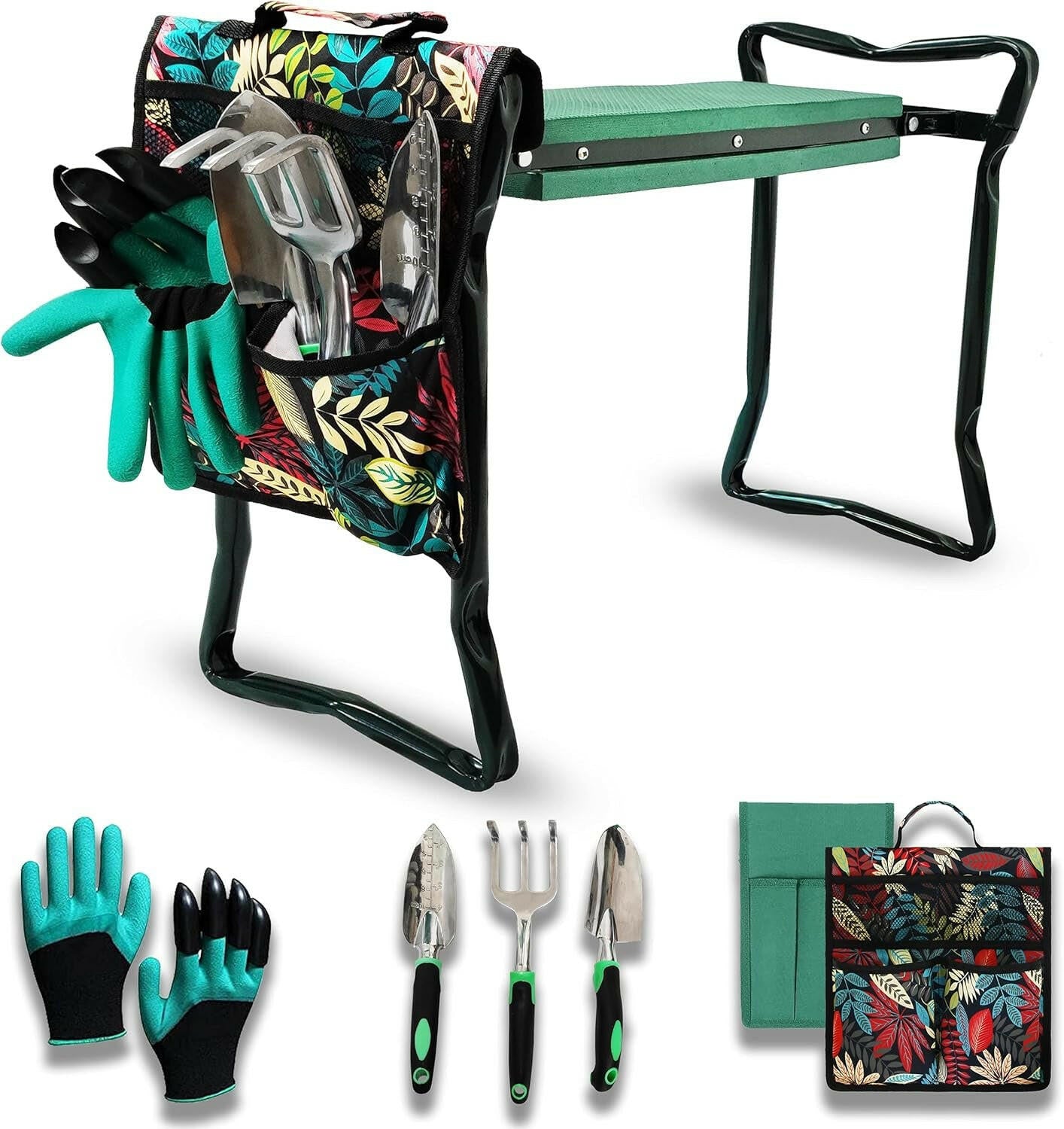 Garden Kneeler and Seat Upgraded Foldable Garden Bench Stool Garden Kneeling Pad Garden Tool Set, Large Printed Tool Bags, 1 Pair of Garden Gloves