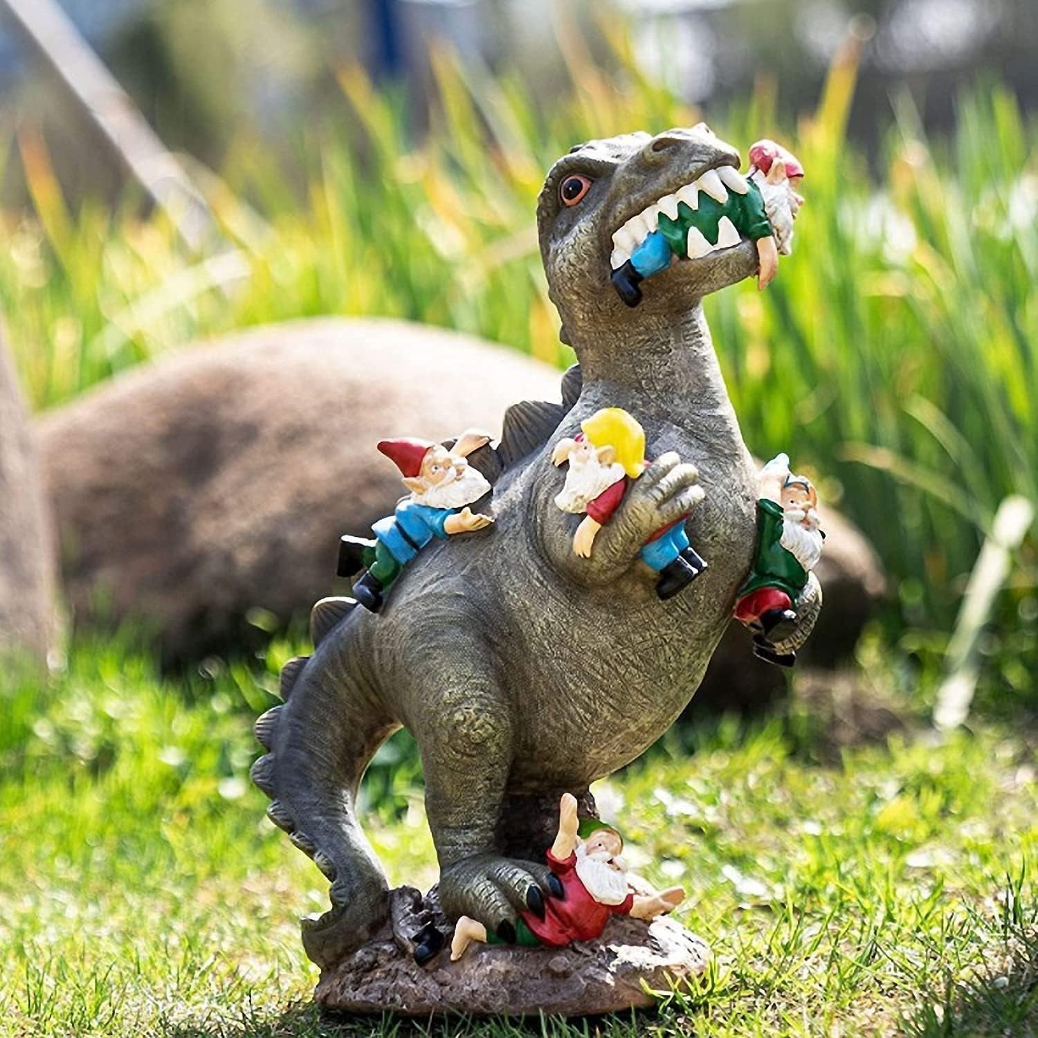 Dinosaur Eating Gnomes Garden Decor, Art for Garden Decor, Outdoor Statue for Patio, Lawn, Yard Art Decoration, Housewarming Garden Gift