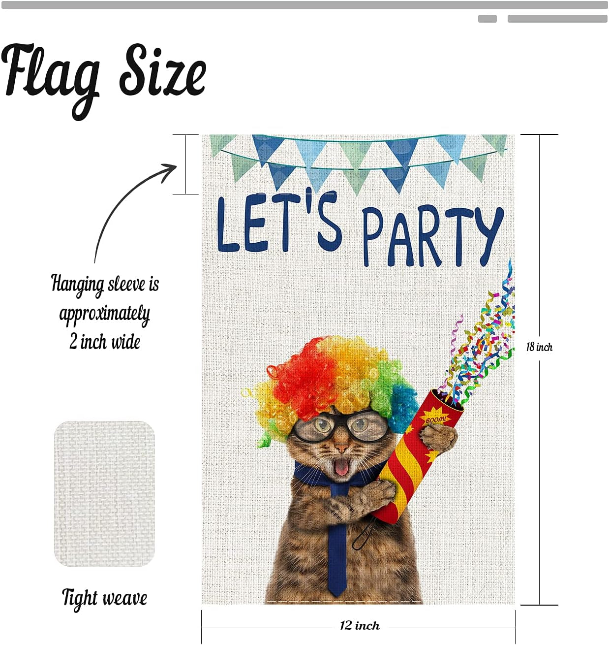 Let'S Party Cat Garden Flag,Double-Sided Printing Imitation Linen Vertical Small Patry Celebrate Garden Flag for Indoor Outdoor Holiday Party Decor,12 X 18".