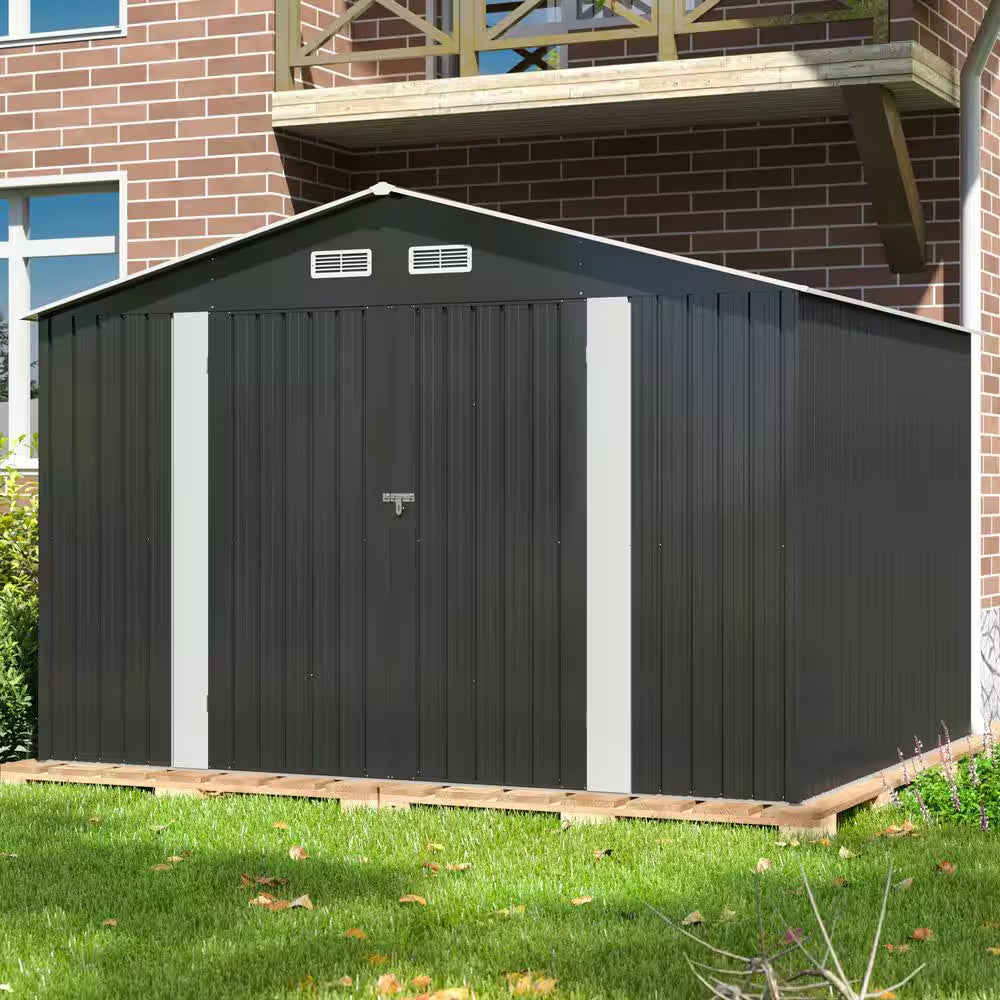 10 Ft. W X 8 Ft. D Outdoor Storage Metal Shed Building Garden Tool Shed with Lockable Doors, Dark Gray (80 Sq. Ft.)