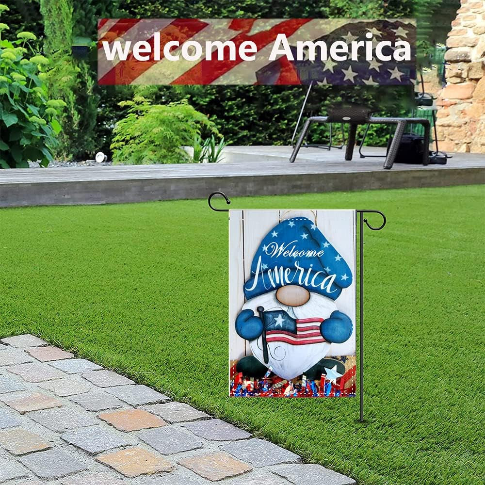 American Gnomes Garden Flags, 12 X 18 Inches Double Sided Welcome Patriotic Yard Flag Burlap Garden Flag for outside Small American Flags for Yard Festival Welcome Garden Flags