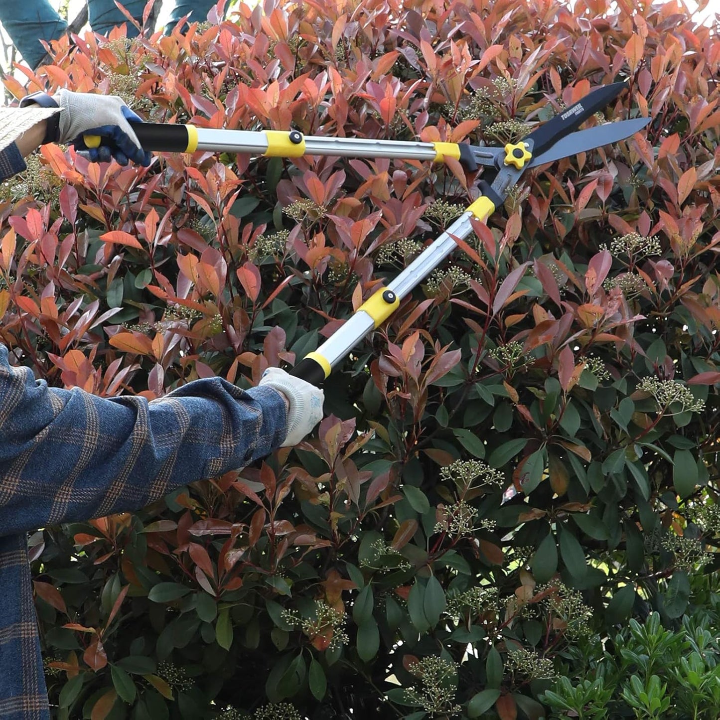 Hedge Shears 23"-34" Extension Gardening Shears with 9Inch Wavy SK-5 Blade,Blade Pressure Adjustable Hedge Clippers Shock-Absorbing Tree Trimmer (Yellow)