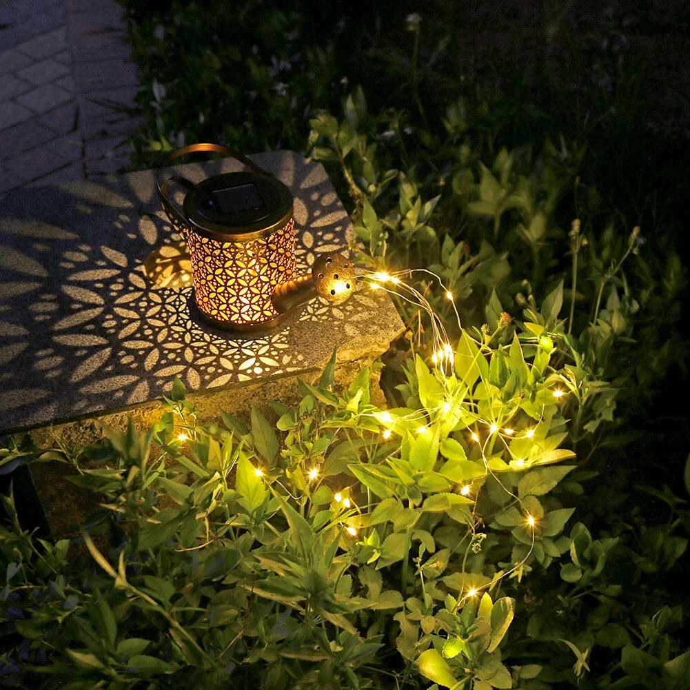 Hollow Wrought Star Shower Lamp Solar Watering Can Fairy Light Garden Decoration Shower& Light Lawn Courtyard Decorations