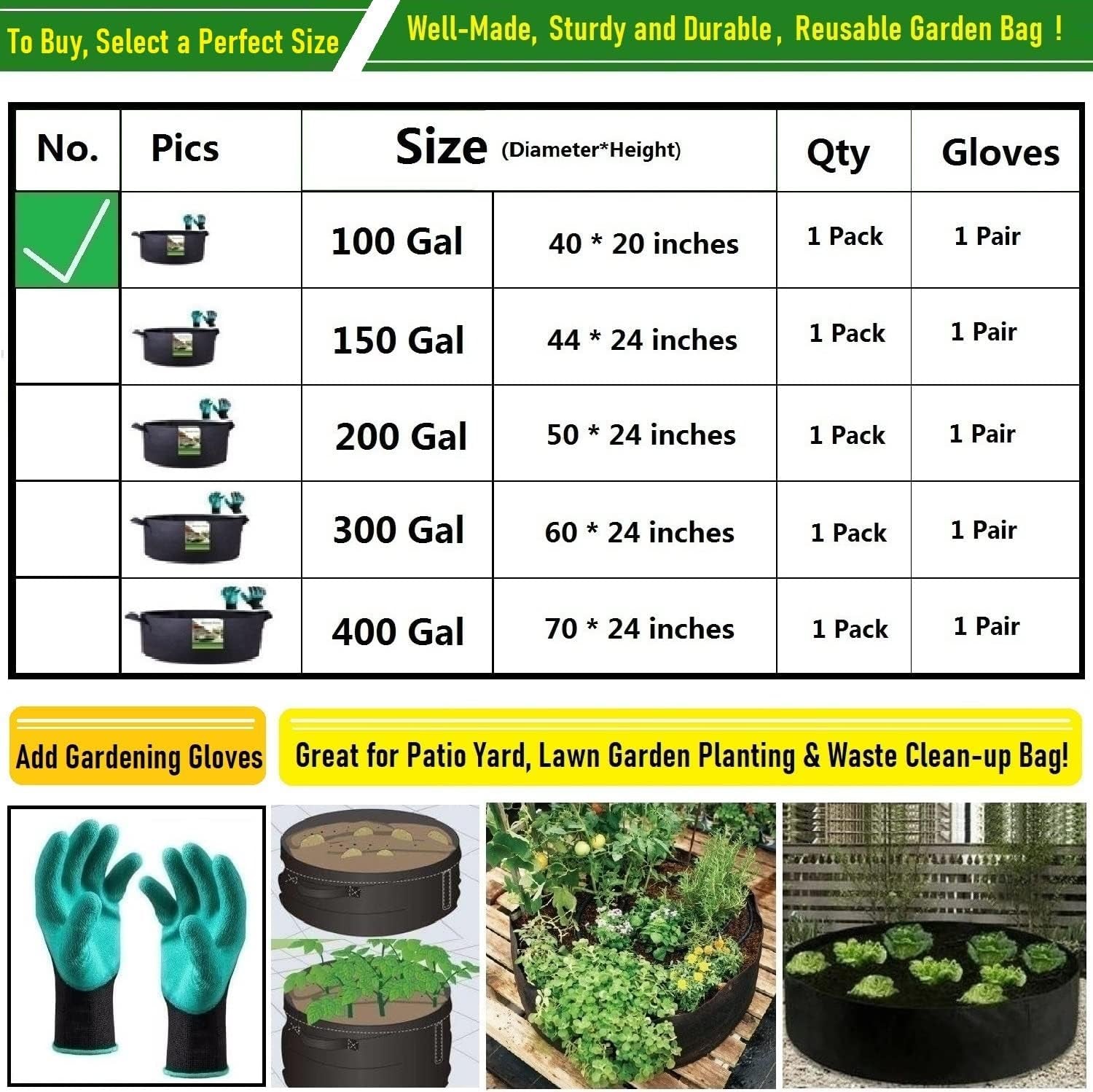 100 Gallon Large Raised Garden Bed Bag Big (40X20 Inch) Sturdy Plant Grow Bag for Tomato,Potato Planter Bag,Herb Veggies Planter,Flower Bed,Yard Waste Bag,Lawn Debris Bag,Leaf Bag,Garden Bag W/ Gloves