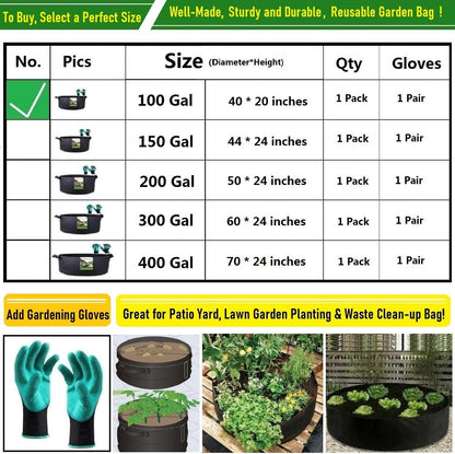 100 Gallon Large Raised Garden Bed Bag Big (40X20 Inch) Sturdy Plant Grow Bag for Tomato,Potato Planter Bag,Herb Veggies Planter,Flower Bed,Yard Waste Bag,Lawn Debris Bag,Leaf Bag,Garden Bag W/ Gloves