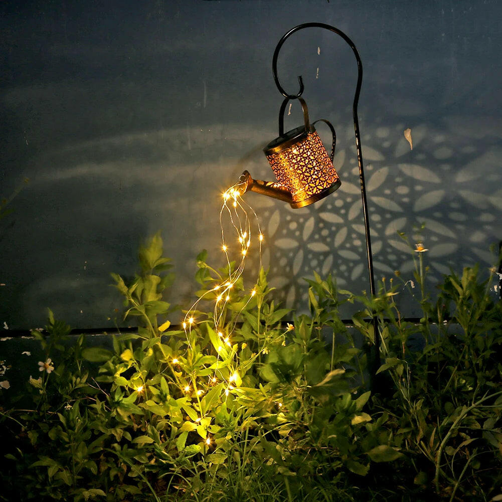 Hollow Wrought Star Shower Lamp Solar Watering Can Fairy Light Garden Decoration Shower& Light Lawn Courtyard Decorations